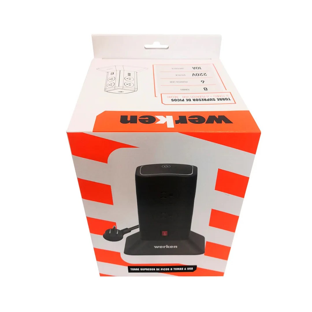 TORRE SUPRESOR DE PICOS 8 TOMAS 6 USB NEGRA WERKEN9