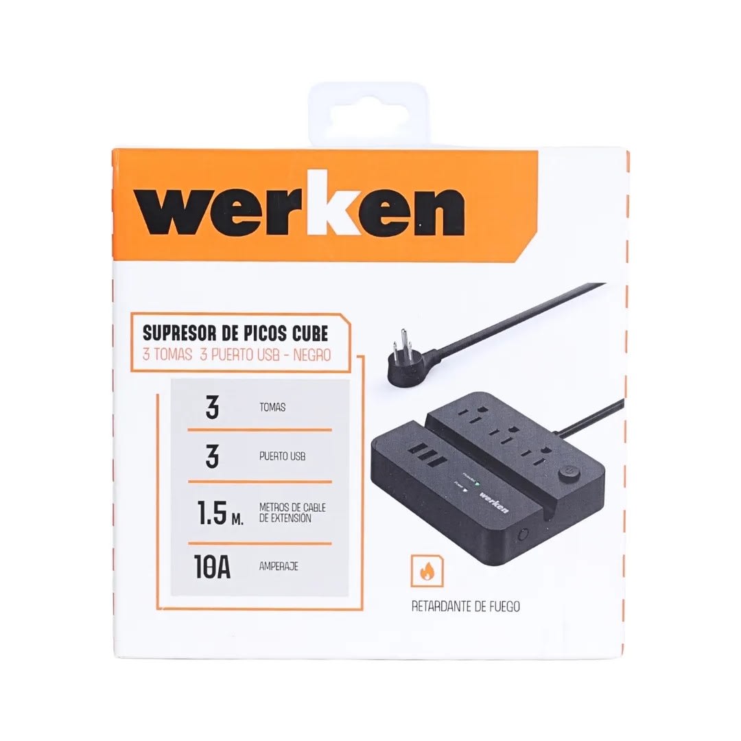 SUPRESOR DE PICOS CUBE 3 TOMAS 3 USB WERKEN3