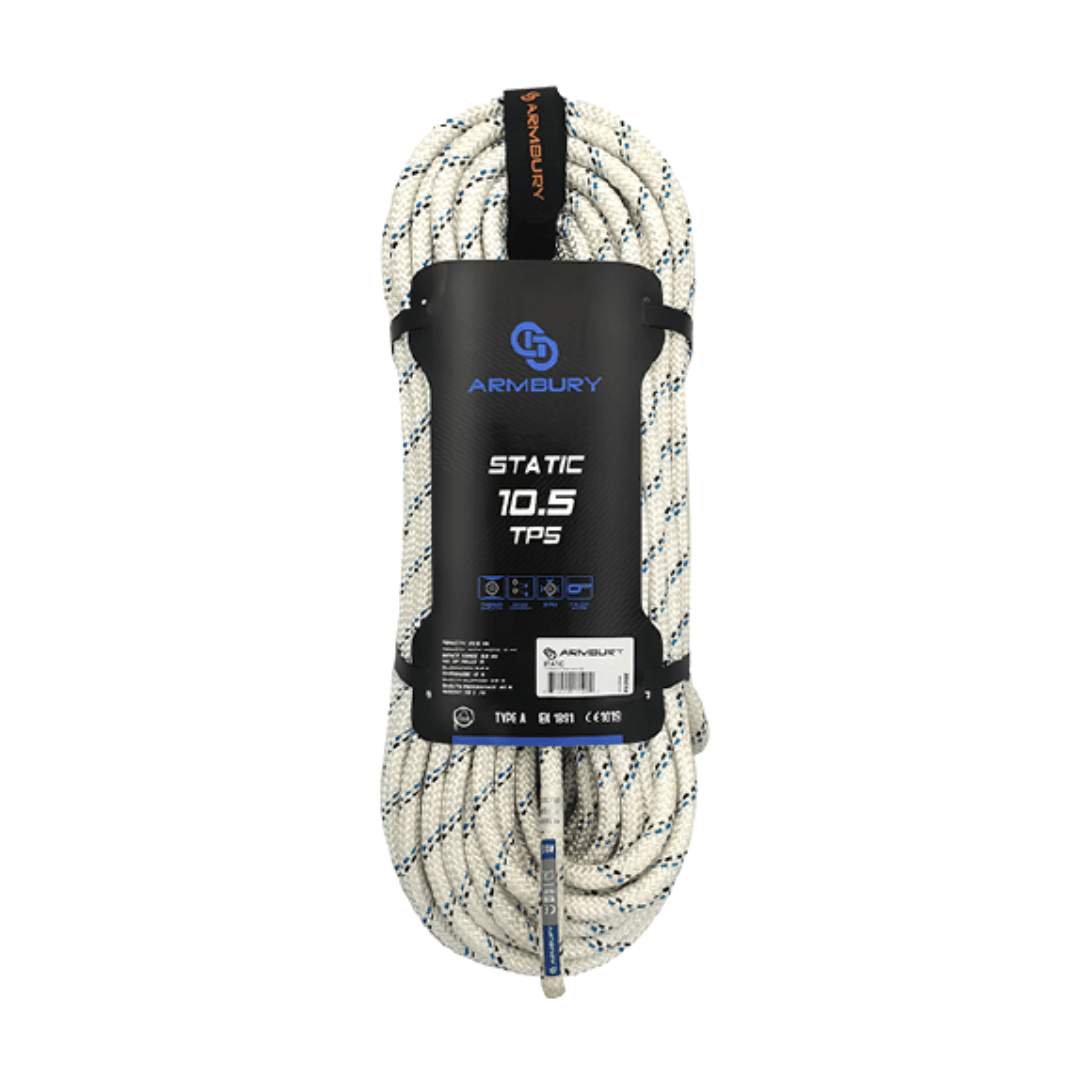 CUERDA SEMI ESTATICA 10.5MM BLANCO CHISPAS NEGRAS Y CELESTES (PRESENTACION MAX 400MTS) 25.5 kN CE EN 1891 S10.5TPS ARMBURY