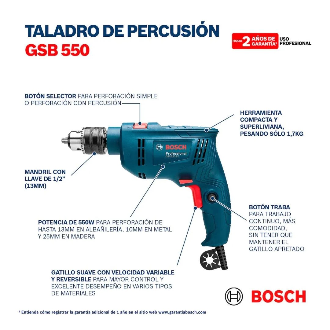 TALADRO PERCUTOR 1/2'' 550W GSB 550 RE MP BOSCH4