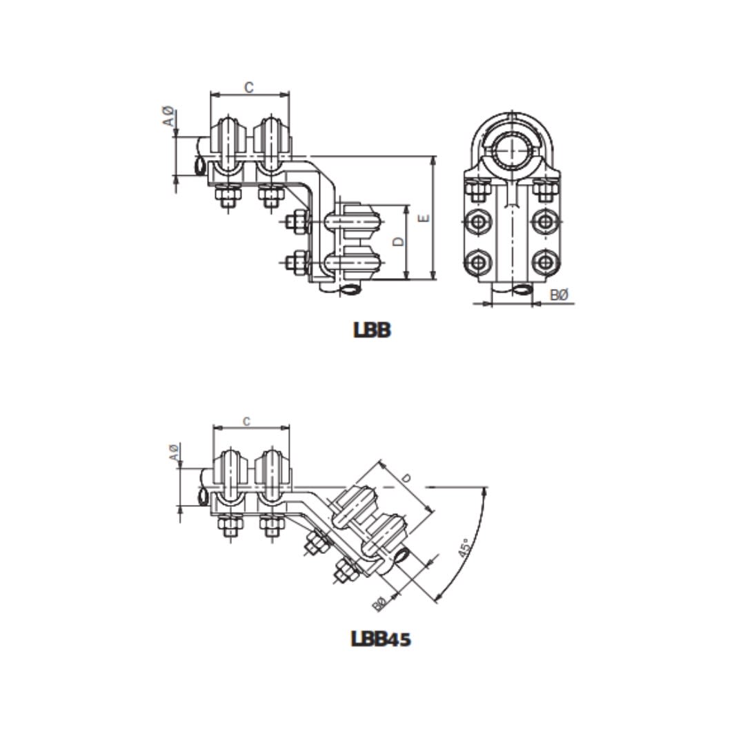 CONECTOR A 90°/45° PARA TUBO A BORNA CU Ø:40/40MM LBB-4040 ARAGCU AS1