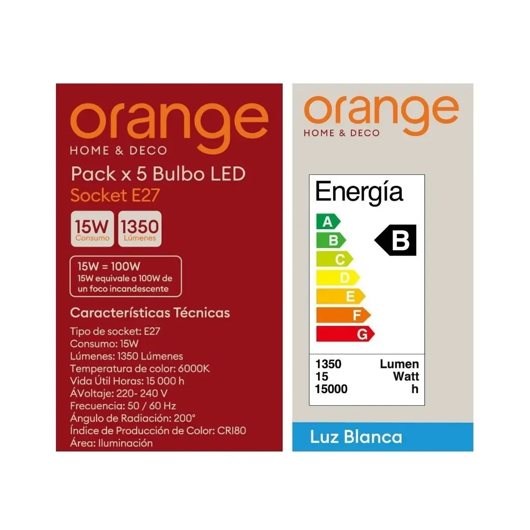 FOCO LED E27 15W LUZ FRIA X 5 UNIDADES ORANGE8