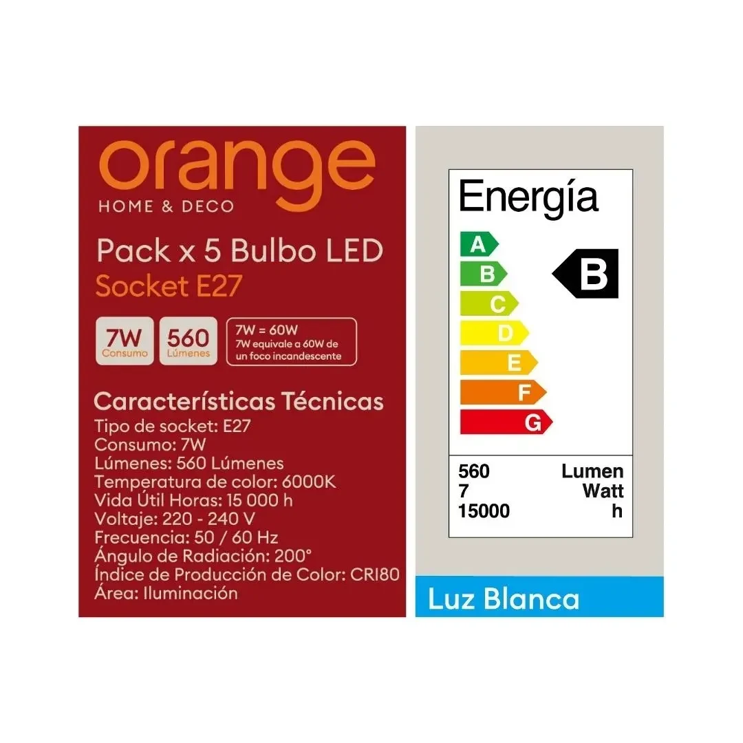 FOCO LED E27 7W LUZ FRIA X 5 UNIDADES ORANGE7