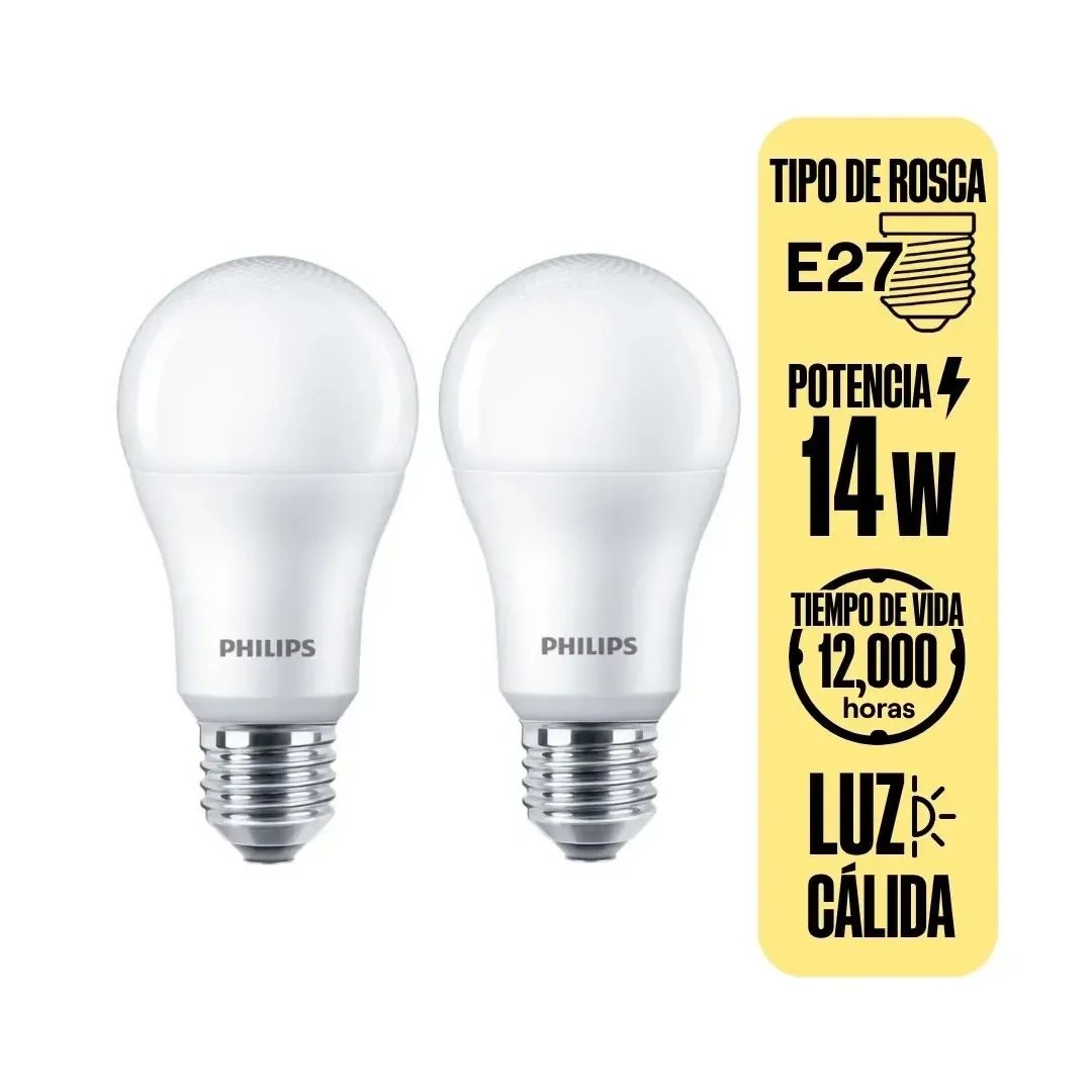 FOCO LED LUZ CALIDA E27 14W X2 AHORRO ENERGETICO Y DURABILIDAD PHILIPS