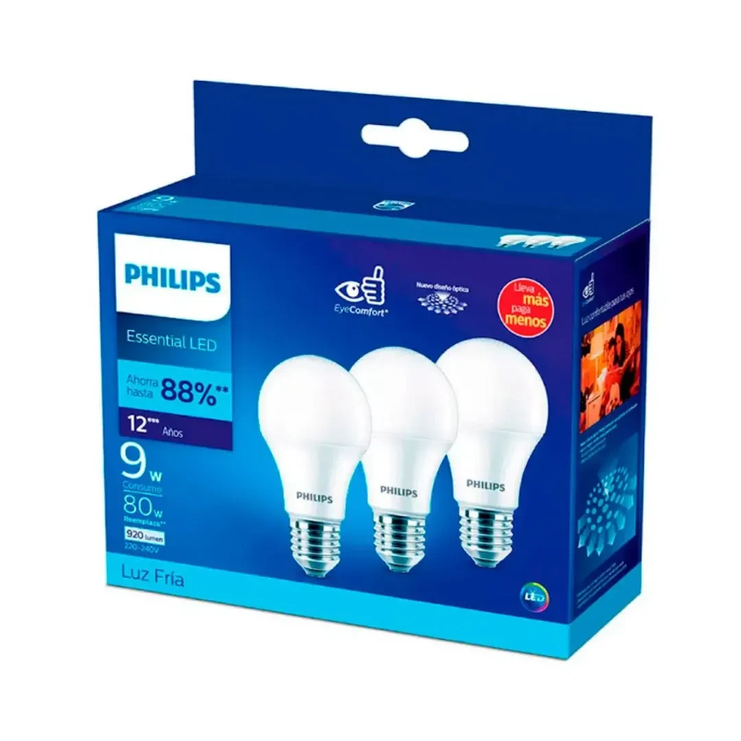 FOCO LED LUZ BLANCA FRIA E27 9W X3 EFICIENCIA ENERGETICA B PHILIPS2