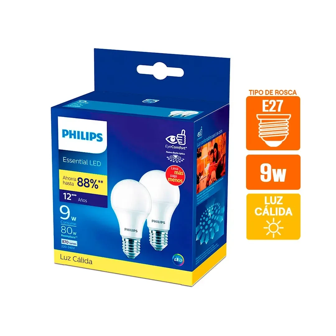 FOCO LED E27 9W LUZ CALIDA X 2 UNIDADES PHILIPS2