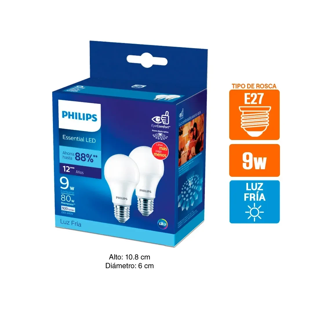 FOCO LED LUZ FRIA E27 9W X 2 UNIDADES PHILIPS2