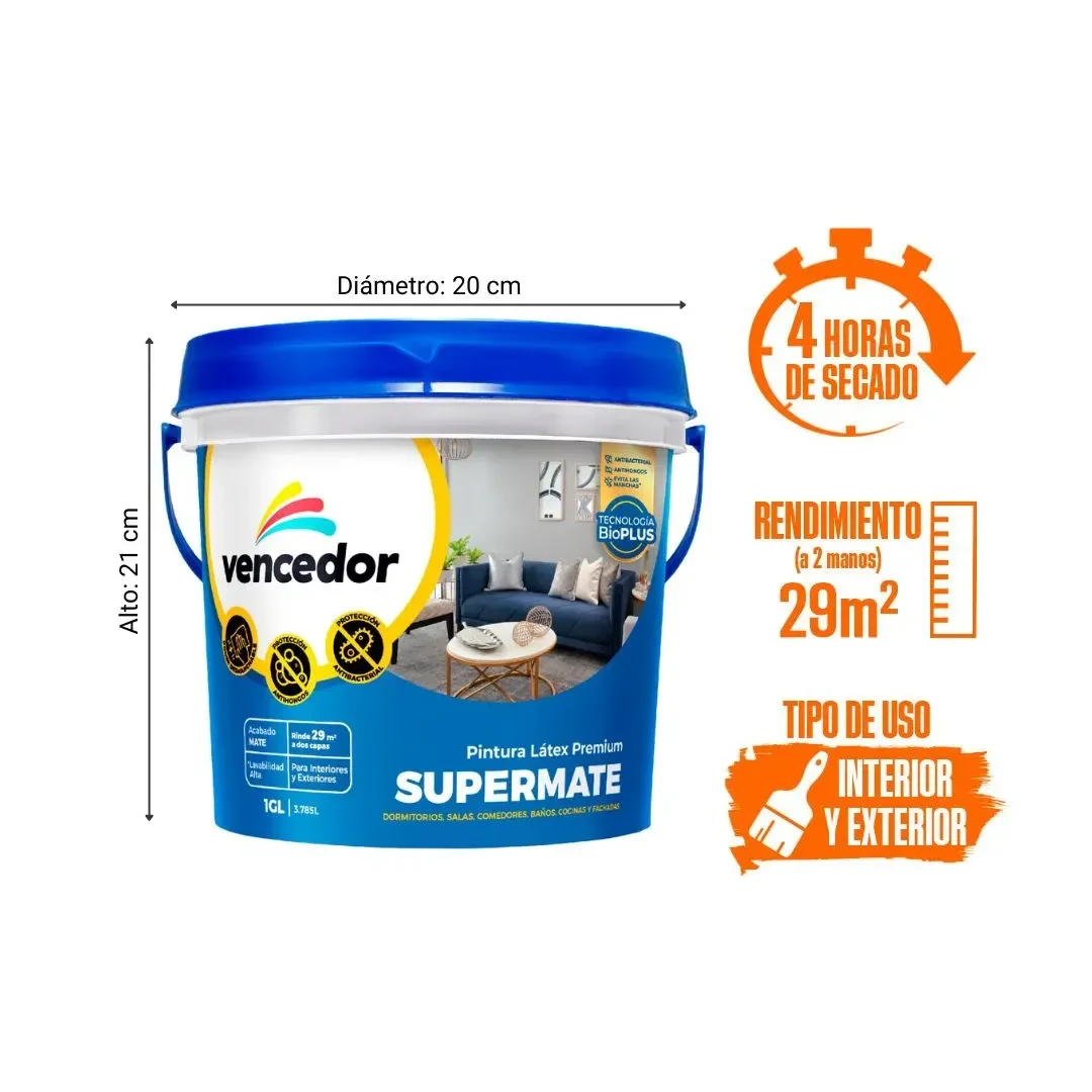PINTURA LATEX SUPERMATE ANTIBACTERIAL NUEVO BLANCO HUMO 1 GALON VENCEDOR2