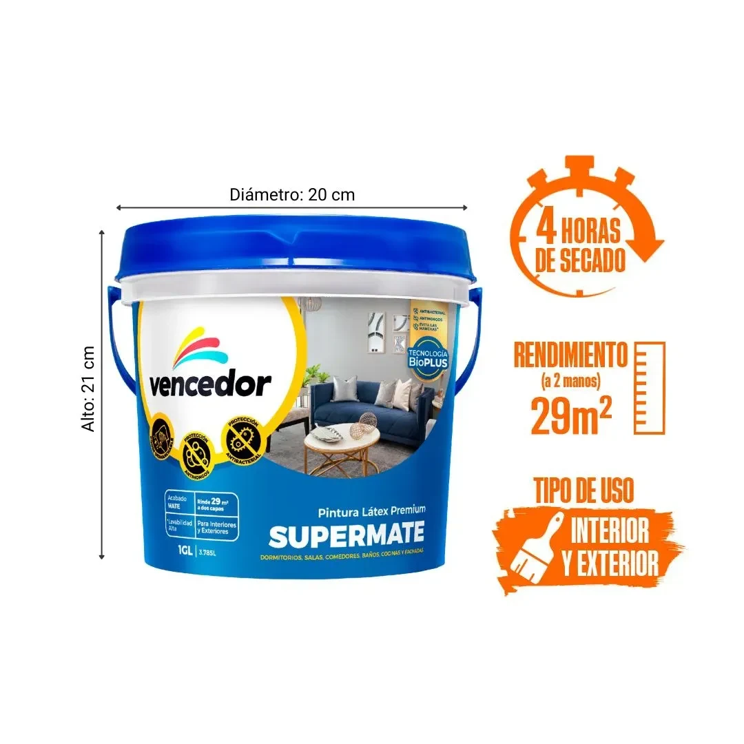 PINTURA LATEX SUPERMATE ANTIBACTERIAL NUEVO BLANCO OSTRA 1 GALON VENCEDOR2