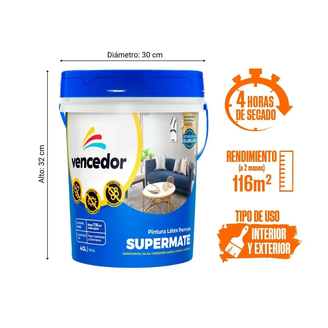 PINTURA LATEX SUPERMATE ANTIBACTERIAL NUEVO BLANCO DECORA 4 GALONES VENCEDOR2