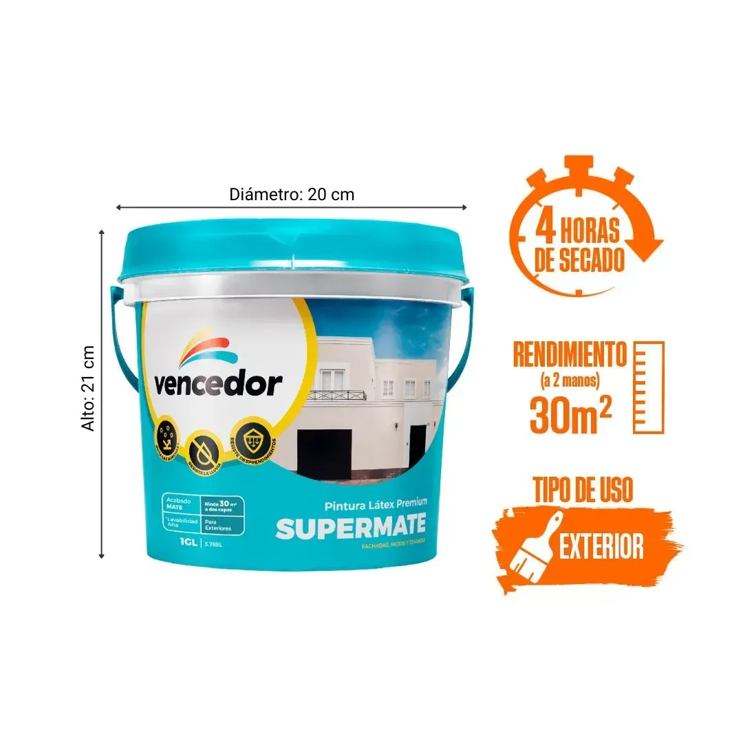 PINTURA LATEX SUPERMATE EXTERIORES NUEVO BLANCO 1 GALON VENCEDOR2