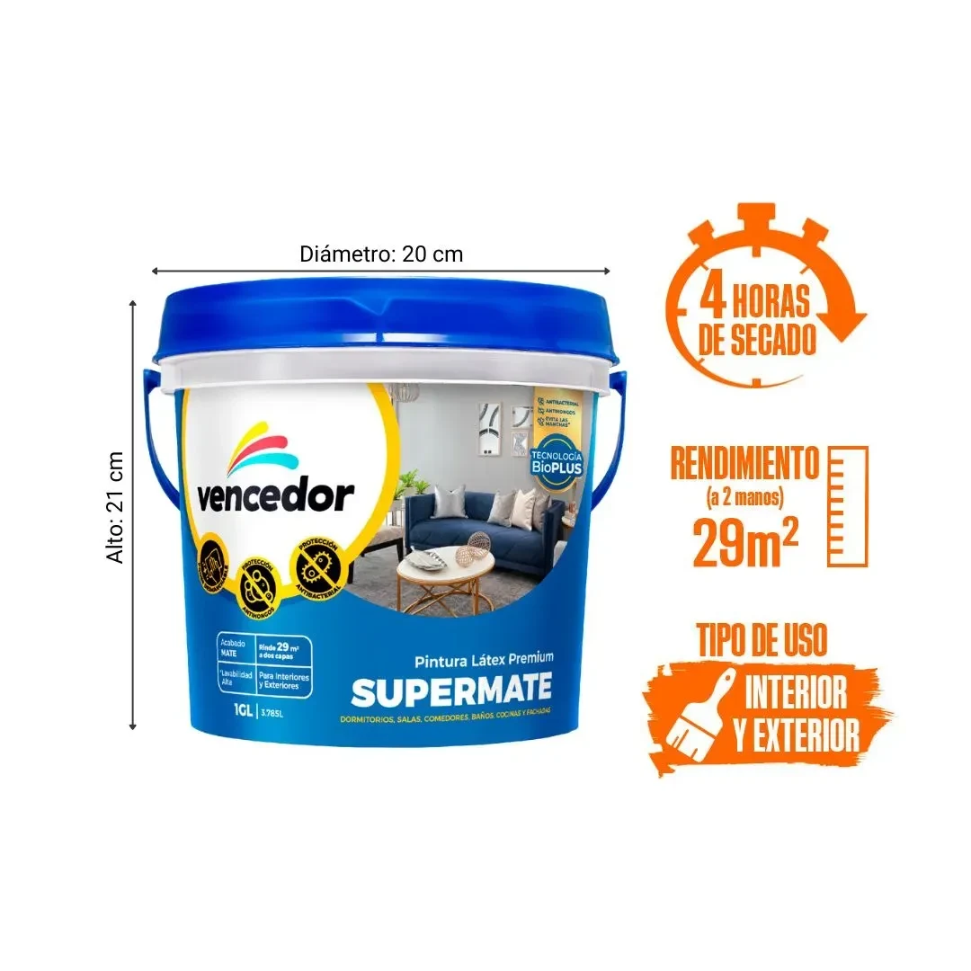 PINTURA LATEX SUPERMATE ANTIBACTERIAL NUEVO BLANCO DECORA 1 GALON VENCEDOR2