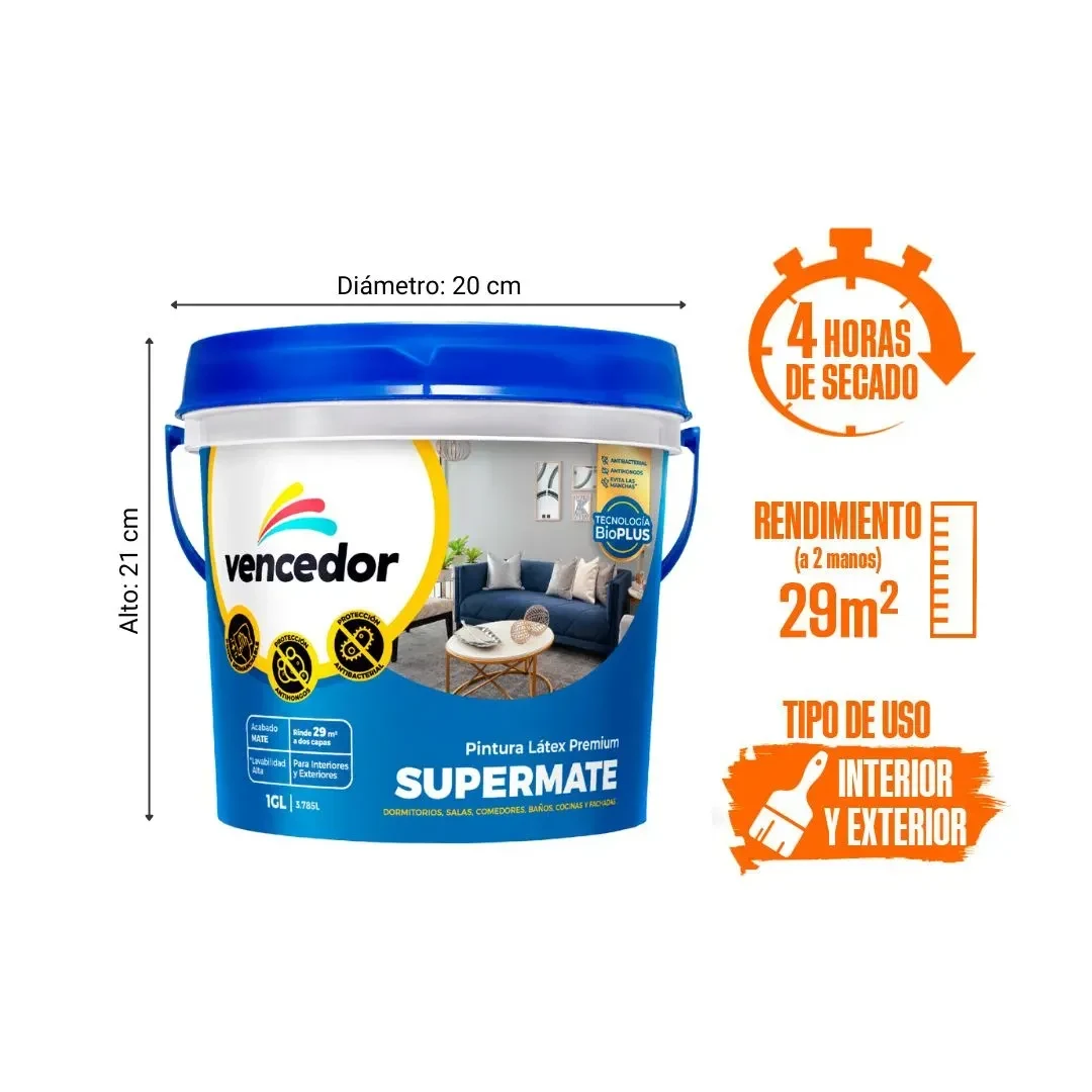 PINTURA LATEX SUPERMATE ANTIBACTERIAL NUEVO GRIS ORIENTE 1 GALON VENCEDOR2