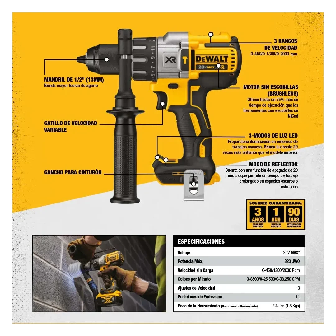 TALADRO PERCUTOR DCD996B 1/2'' 20V BRUSHLESS - SIN BATERIA DEWALT4