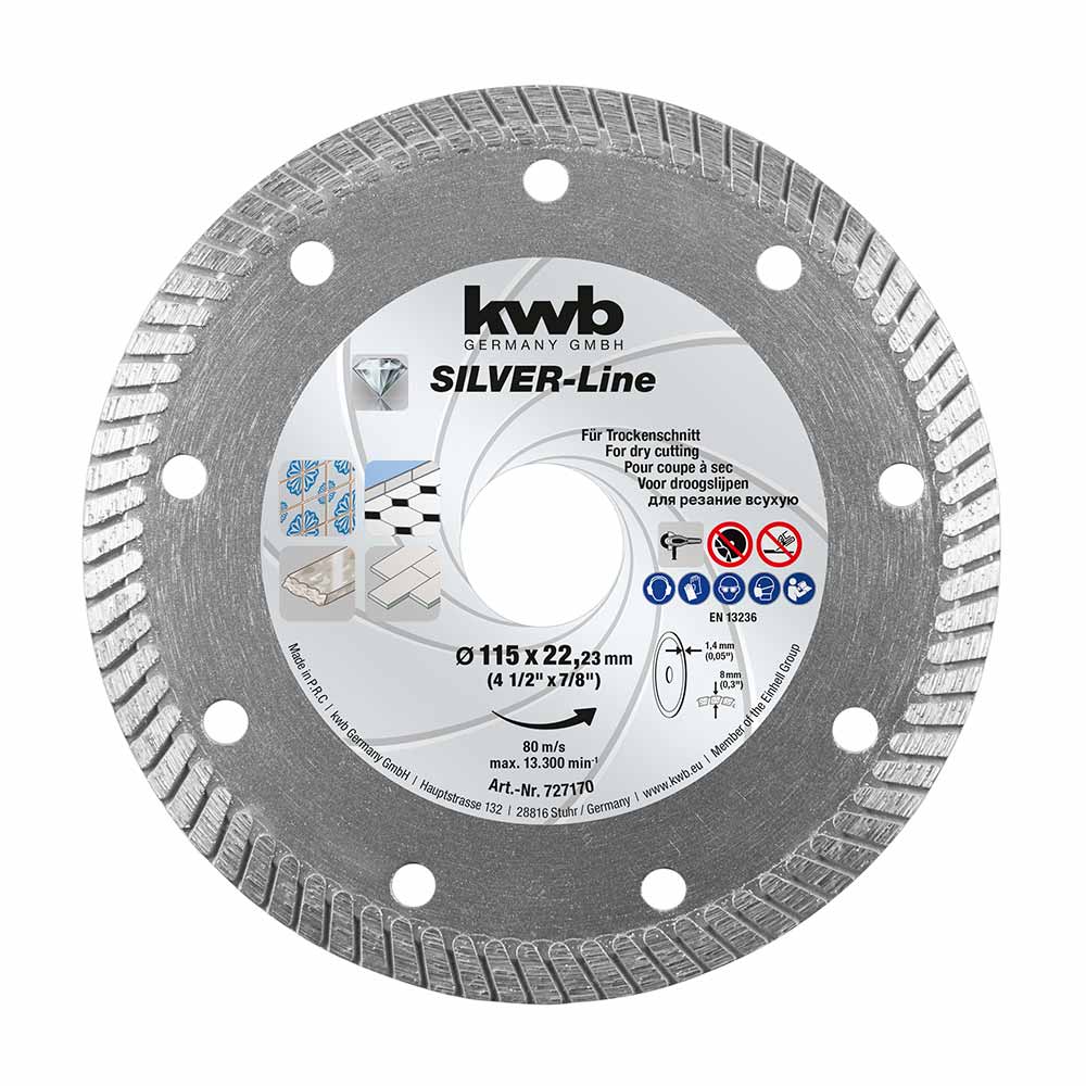 DISCO DIAMANTADO TURBO SILVER 115MM PARA CORTES EN SECO O HUMEDO KWB