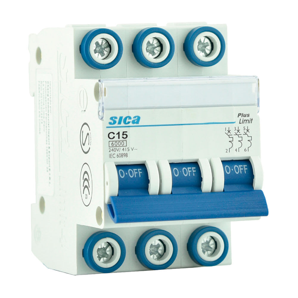 INTERRUPTOR TERMOMAGNETICO TRIFASICO 15A TECNOLOGIA ALEMANA TIPO RIEL-SICA