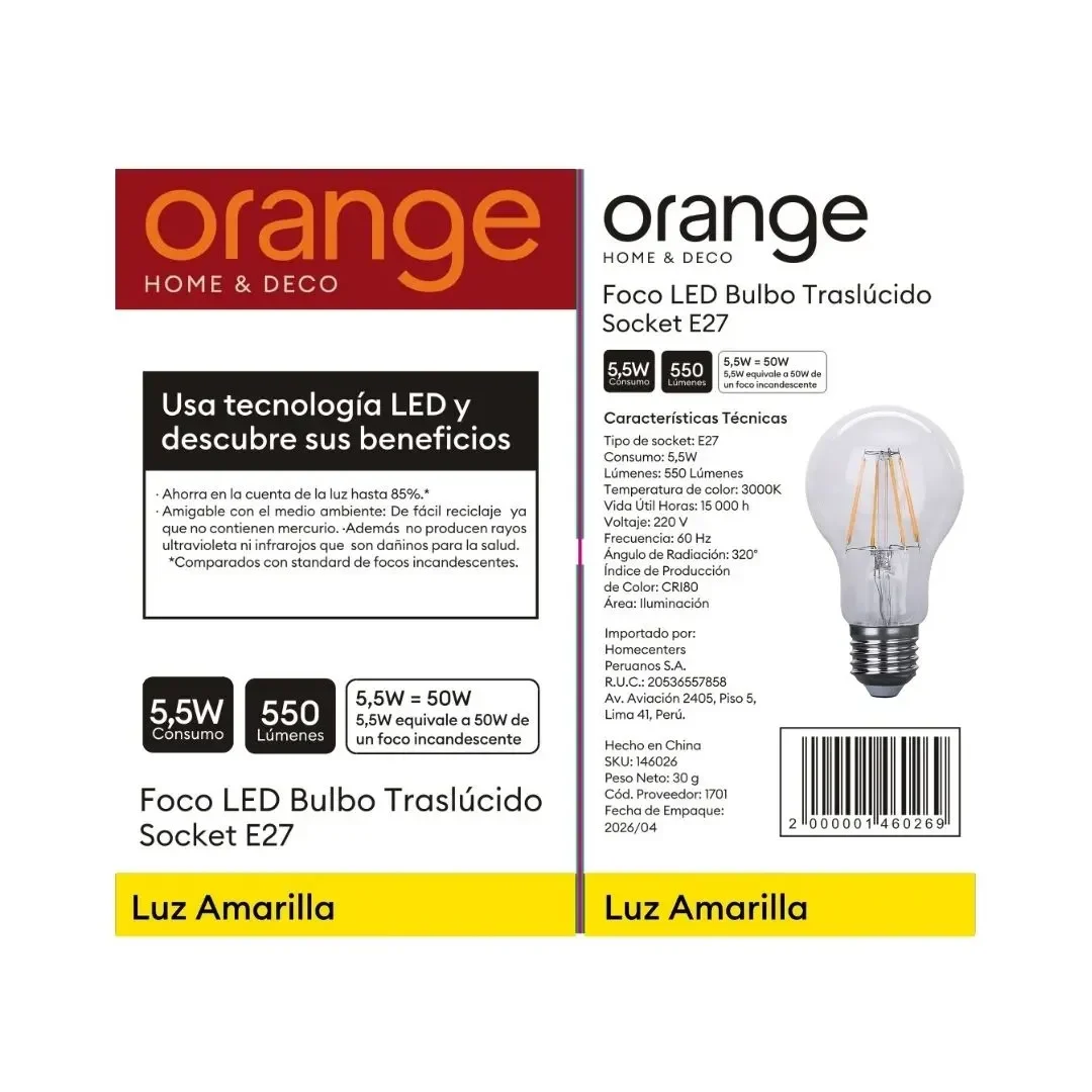 FOCO LED BULBO 6W VIDRIO ORANGE8