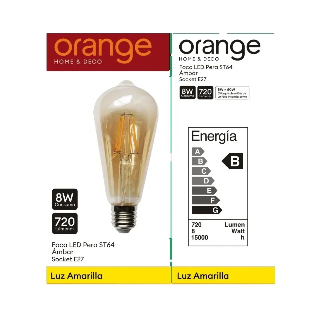 FOCO LED PERA AMBAR 8W LC E27 ORANGE5