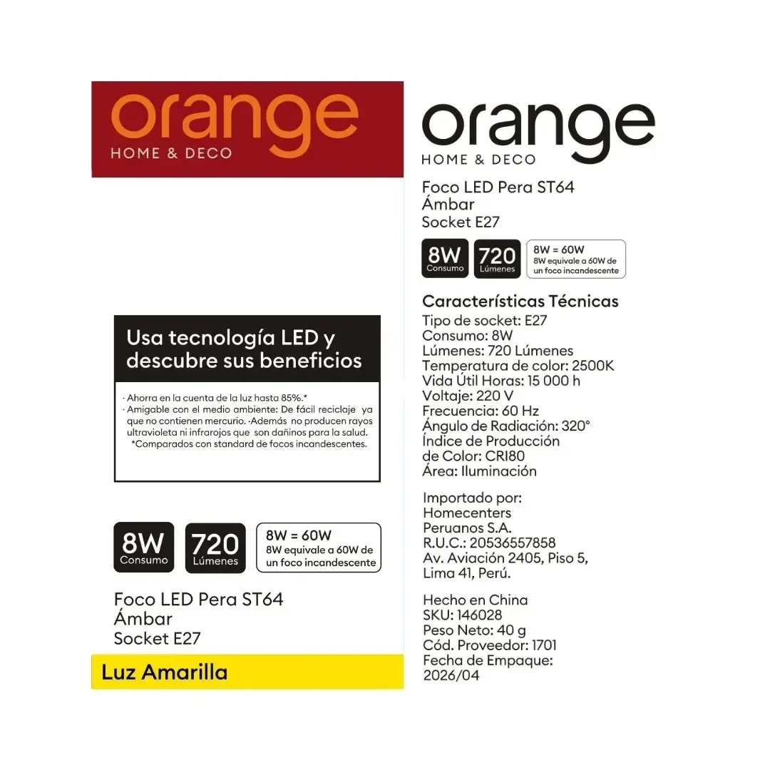 FOCO LED PERA AMBAR 8W LC E27 ORANGE6