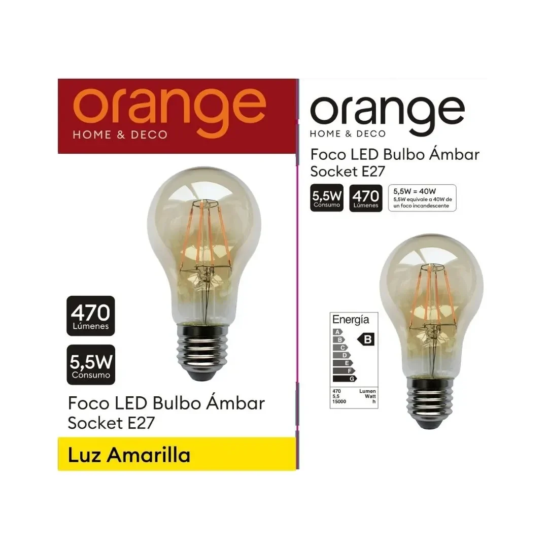 FOCO LED VINTAGE BULBO 5.5W AMBAR VIDRIO E27 ORANGE5