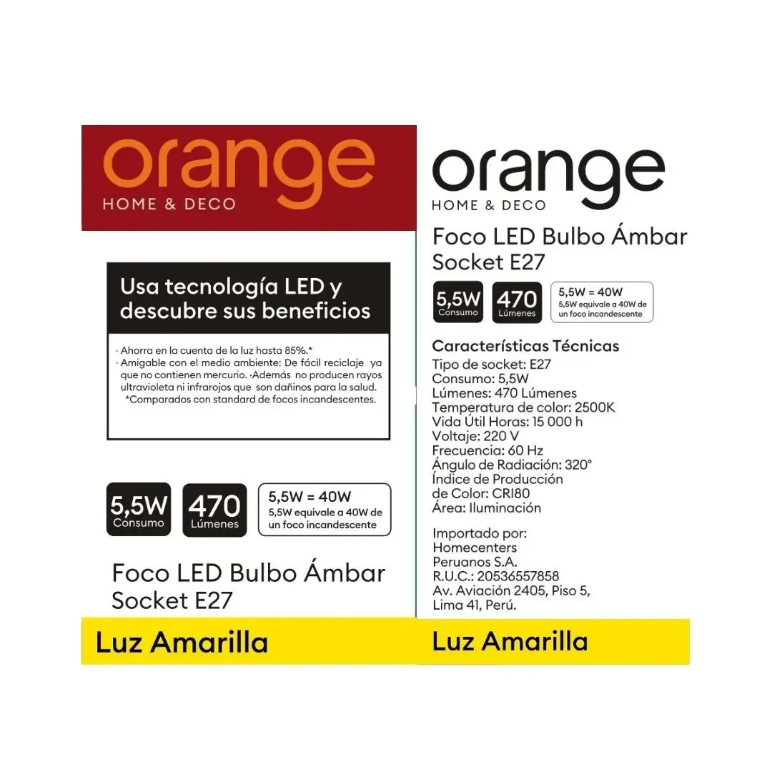FOCO LED VINTAGE BULBO 5.5W AMBAR VIDRIO E27 ORANGE6