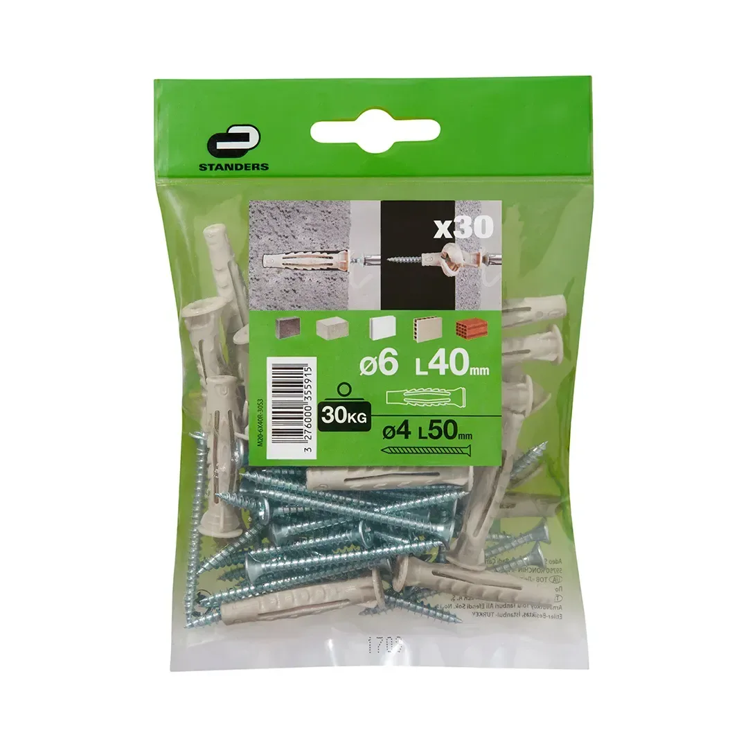 TORNILLO + TARUGO 6X40MM X 30 UNIDADES STANDERS