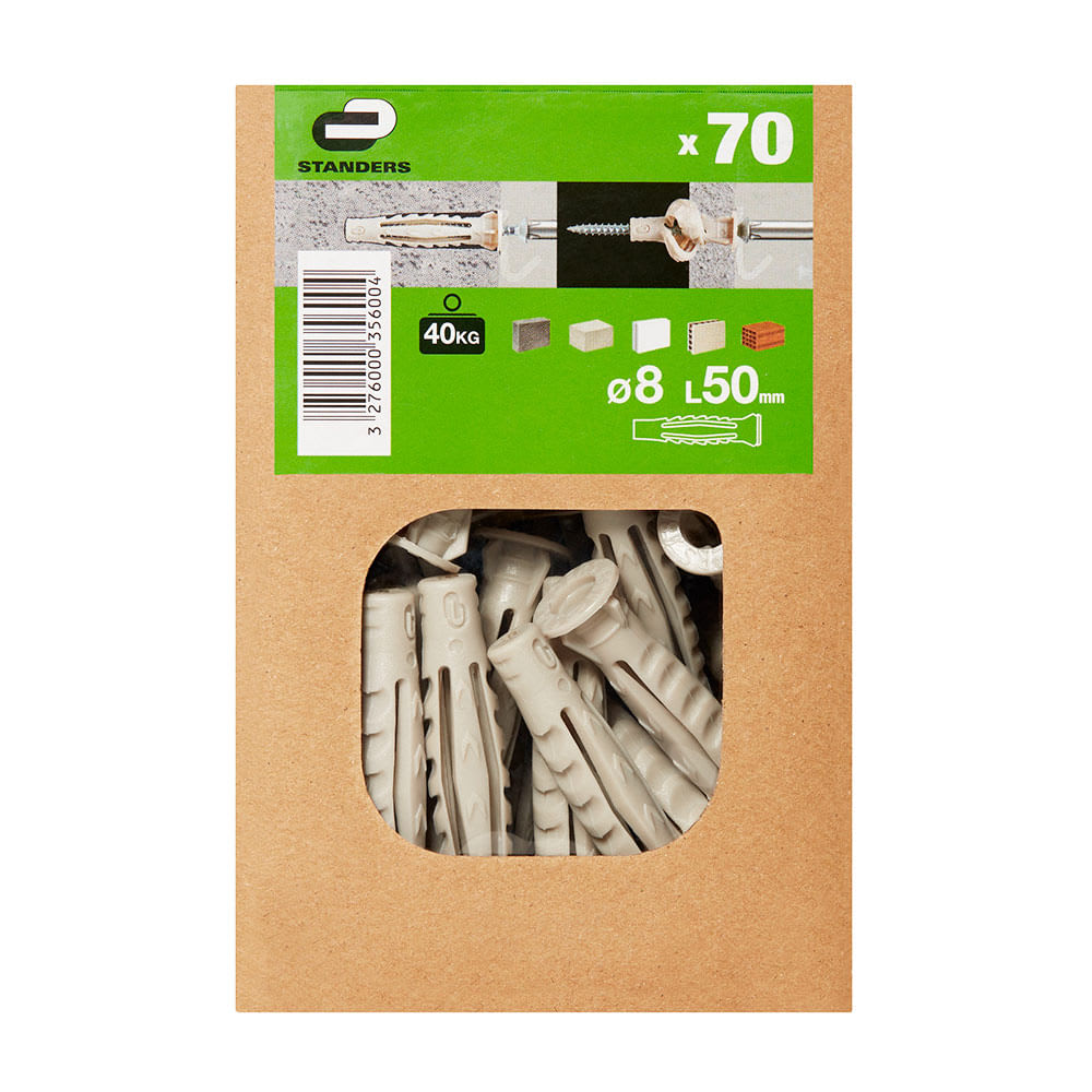 TARUGO NYLON 8X50MM GRIS PACK DE 70 UNIDADES STANDERS