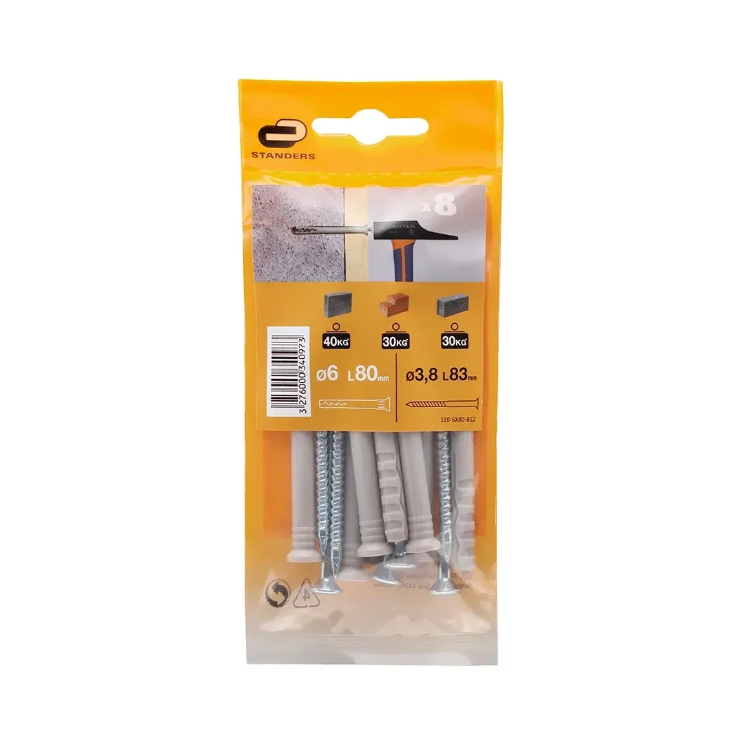 TORNILLO + TARUGO 6X80MM X 8 UNIDADES STANDERS