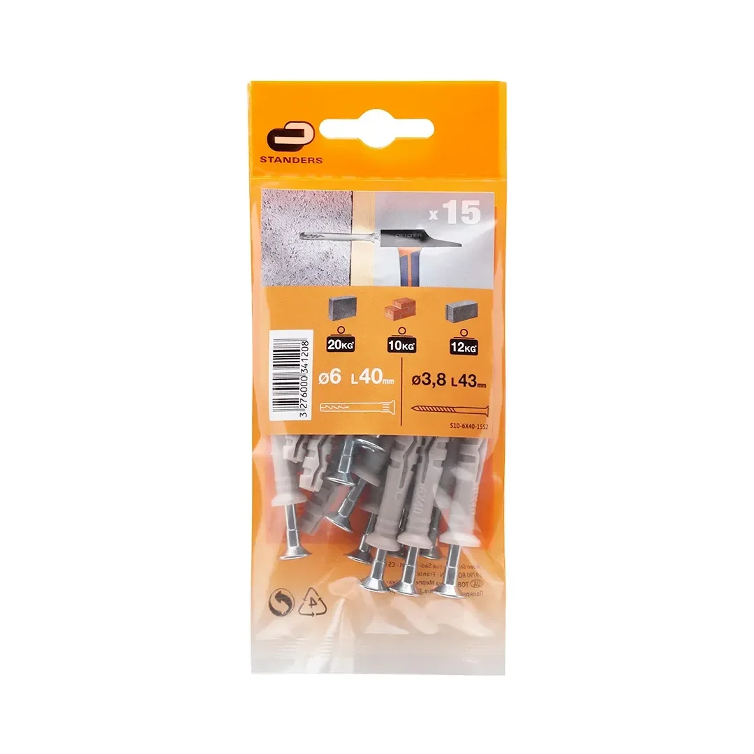 TORNILLO + TARUGO 6X40MM X 15 UNIDADES STANDERS