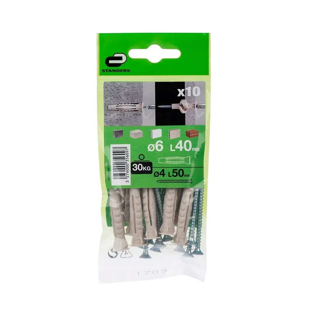 TORNILLO + TARUGO 6X40MM X 10 UNIDADES STANDERS