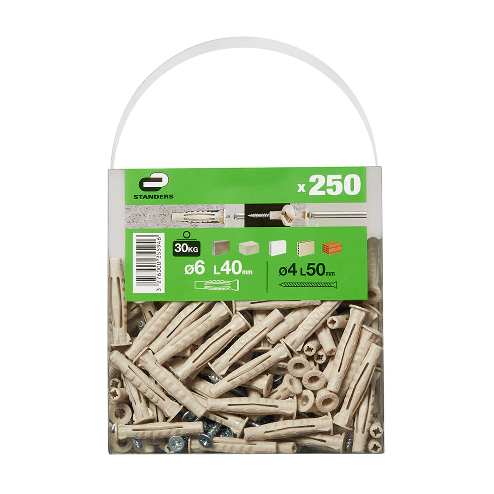 TORNILLO + TARUGO 6X40MM X 250 UNIDADES UNIVERSAL STANDERS1