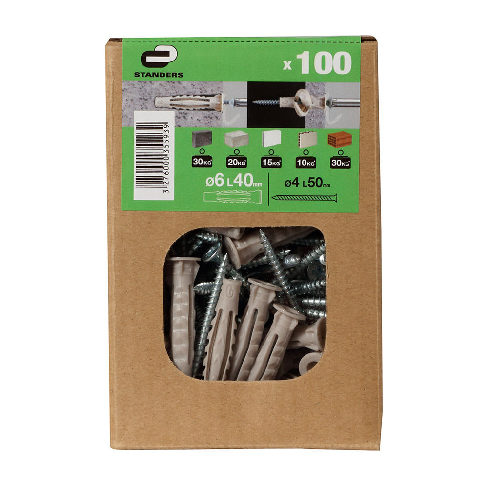 TORNILLO + TARUGO 6X40MM X 100 UNIDADES EN CAJA STANDERS