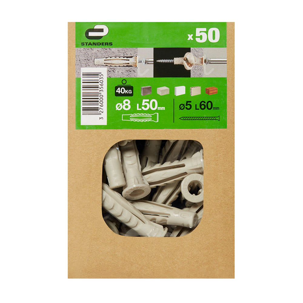 TORNILLO + TARUGO 8X50MM X 50 UNIDADES EN CAJA STANDERS
