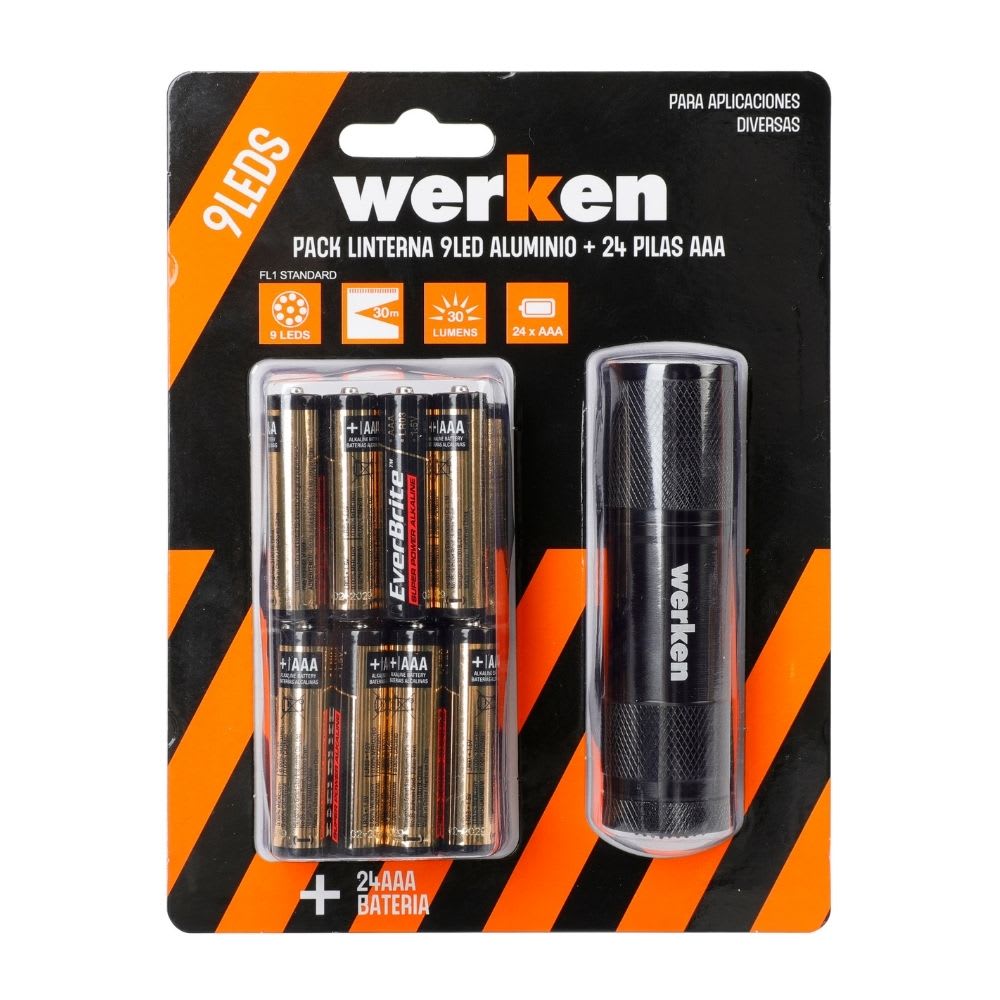 LINTERNA DE ALUMINIO 9 LED + 24 PILAS AAA WERKEN