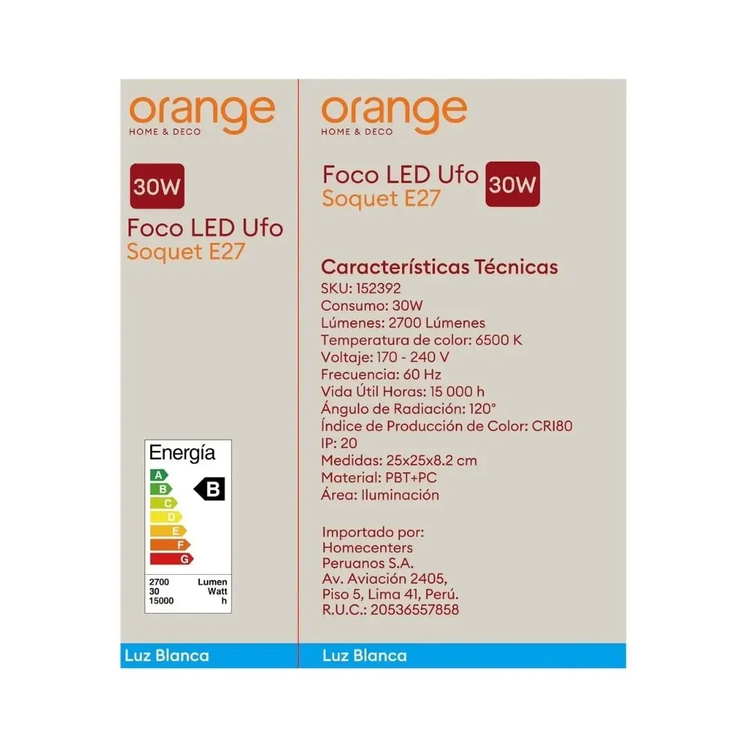 FOCO LED UFO 30W LUZ FRIA E27 ALUMINIO/PVC ORANGE5