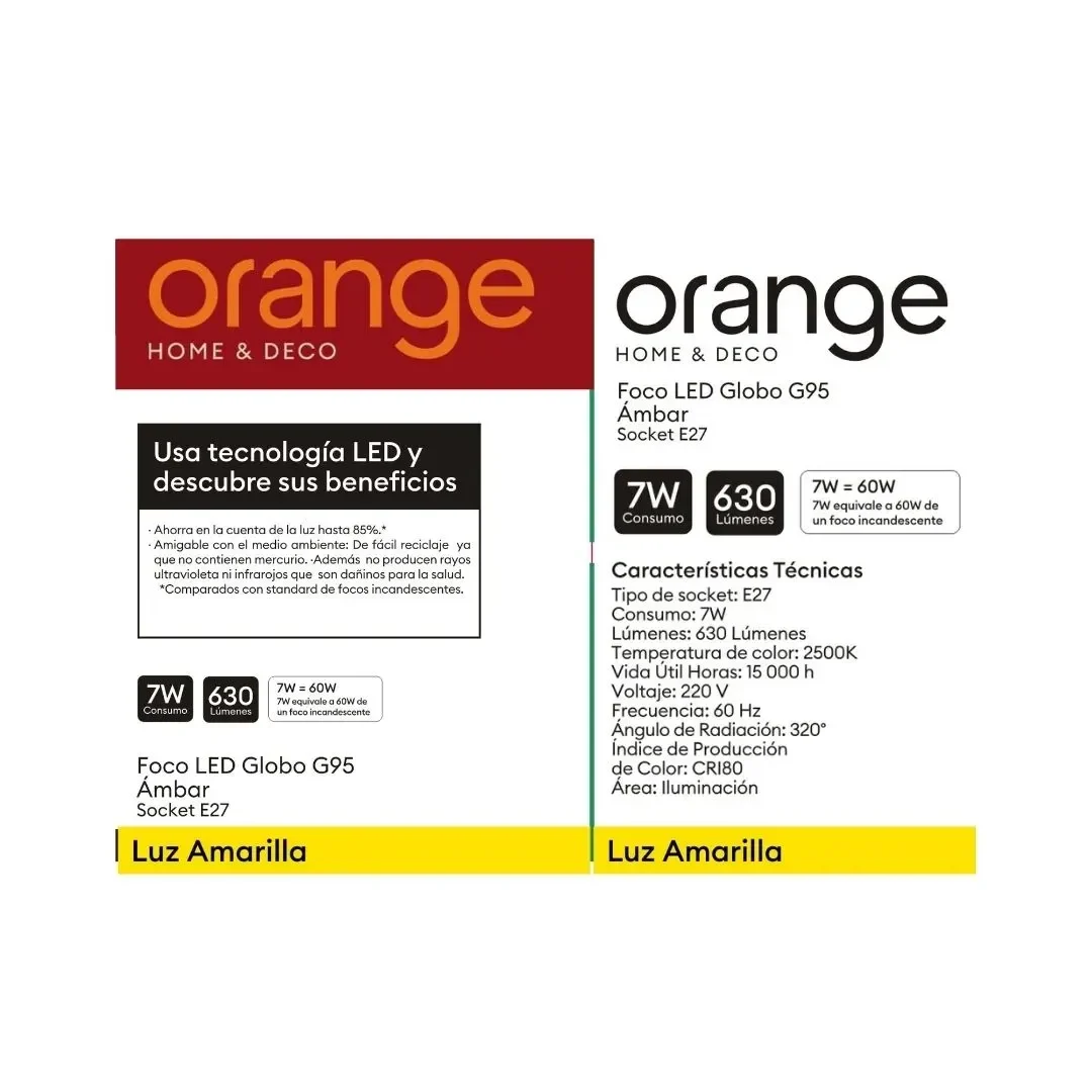 FOCO LED G95 AMBAR E27 7W LUZ CALIDA ORANGE8
