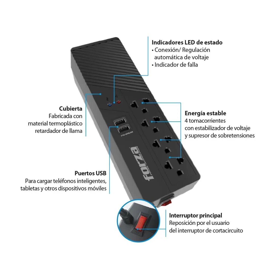 ESTABILIZADOR FVR1012 500W NEGRO CON REGULADOR AUTOMATICO DE VOLTAJE FORZA5