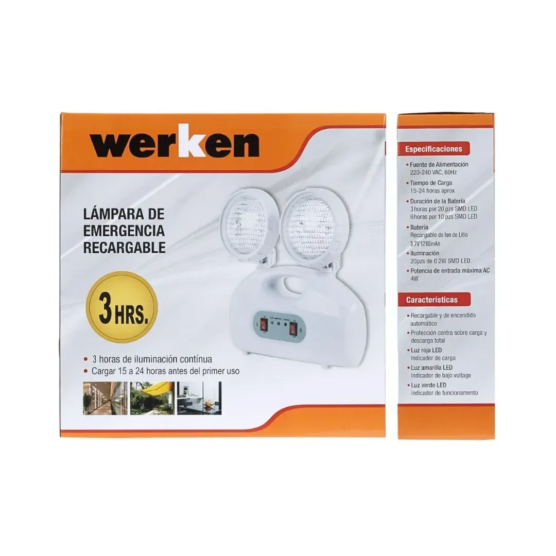 LAMPARA DE EMERGENCIA RECARGABLE 2 LUCES LED 4W MODELO CK7102 WERKEN7