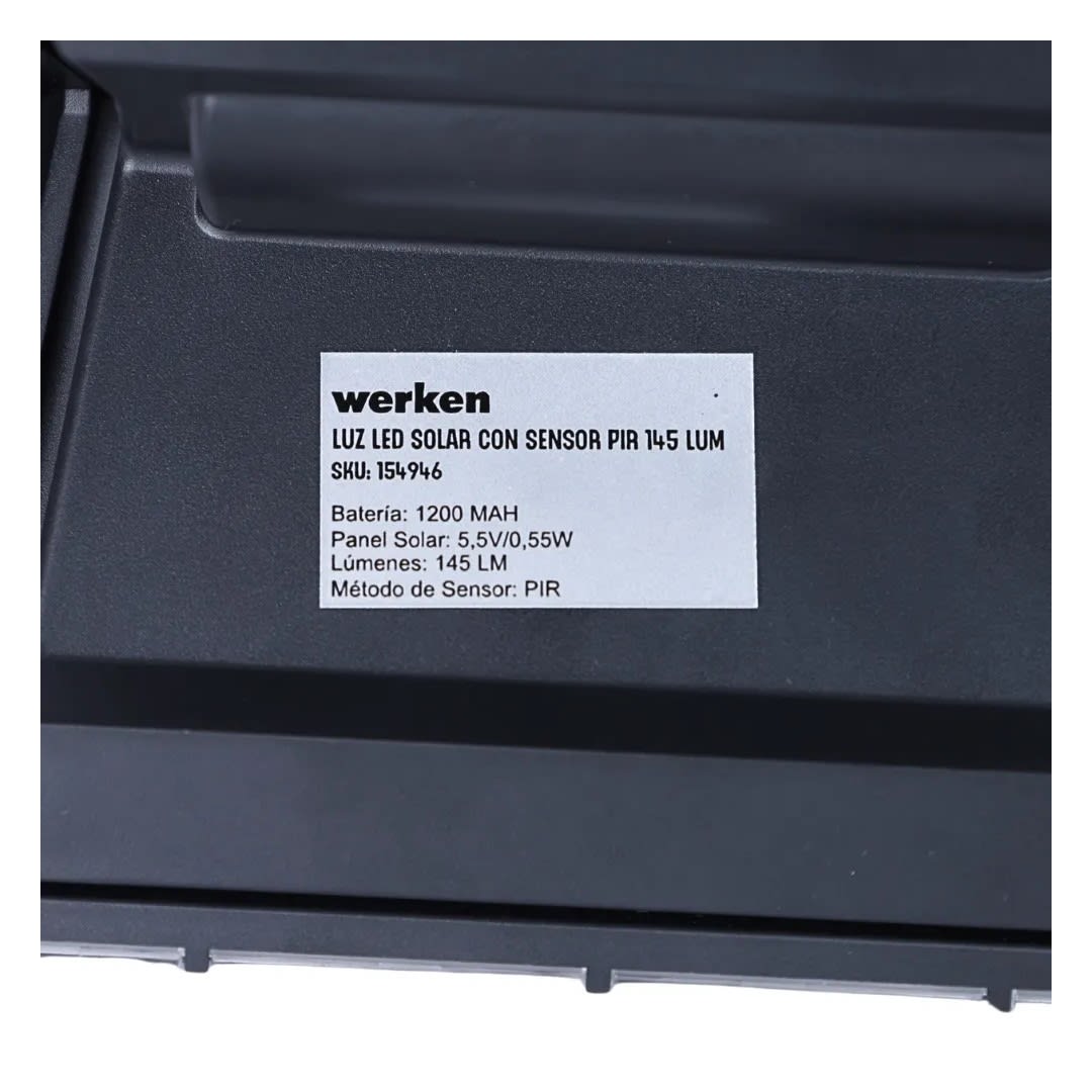 LUZ LED SOLAR CON SENSOR PIR 145 LUMENES WERKEN5