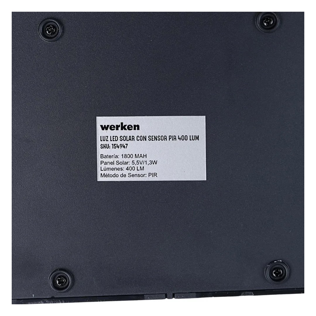 LUZ LED SOLAR CON SENSOR PIR 400 LUMENES WERKEN5