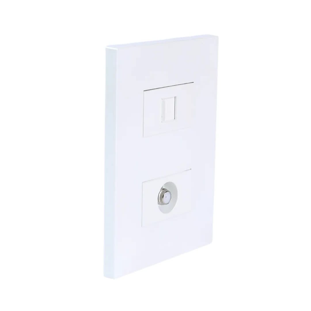 PLACA ARMADA TOMA TV TIPO F + TOMA RJ-45 CAT6 MATTE BLANCO ORANGE1