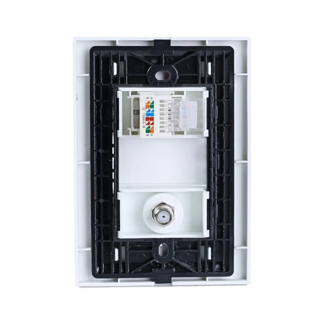 PLACA ARMADA TOMA TV TIPO F + TOMA RJ-45 CAT6 MATTE BLANCO ORANGE2