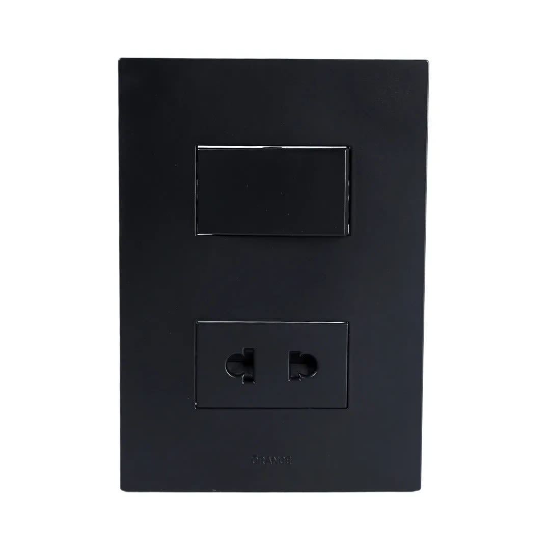 PLACA ARMADA INTERRUPTOR + TOMACORRIENTE MATTE NEGRO ORANGE5