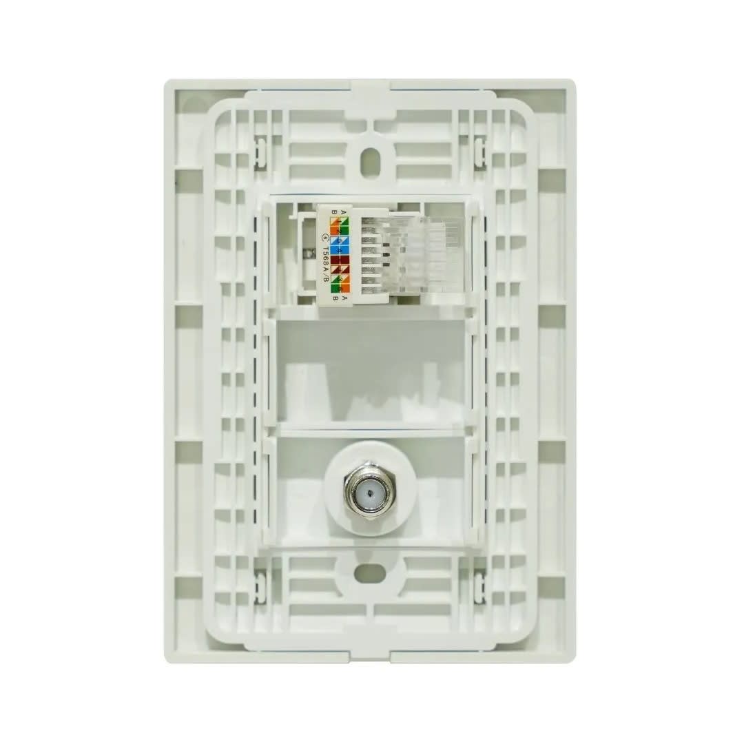 PLACA ARMADA TOMA TV TIPO F + TOMA RJ-45 CAT6 VITRO BLANCO ORANGE1