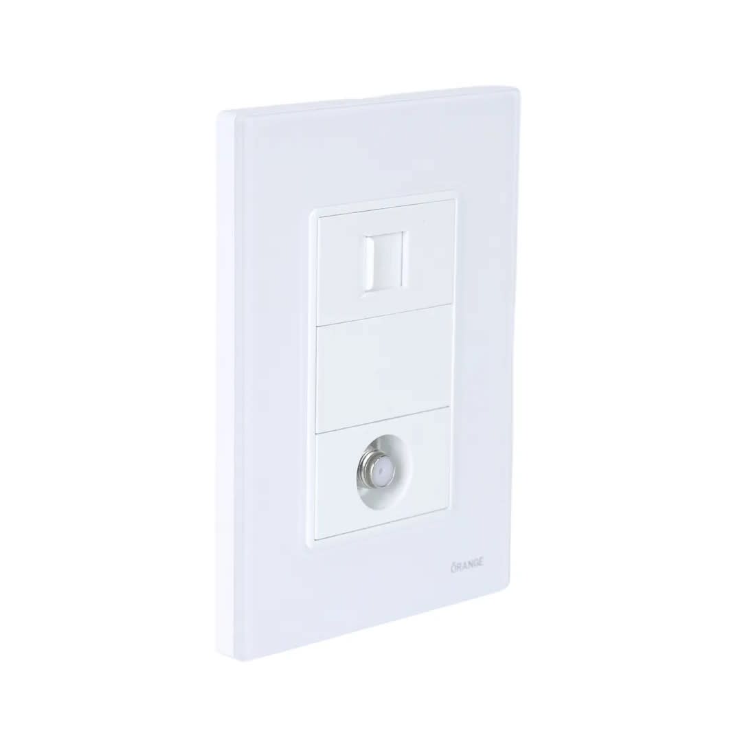 PLACA ARMADA TOMA TV TIPO F + TOMA RJ-11 TELEFONO VITRO BLANCO ORANGE1