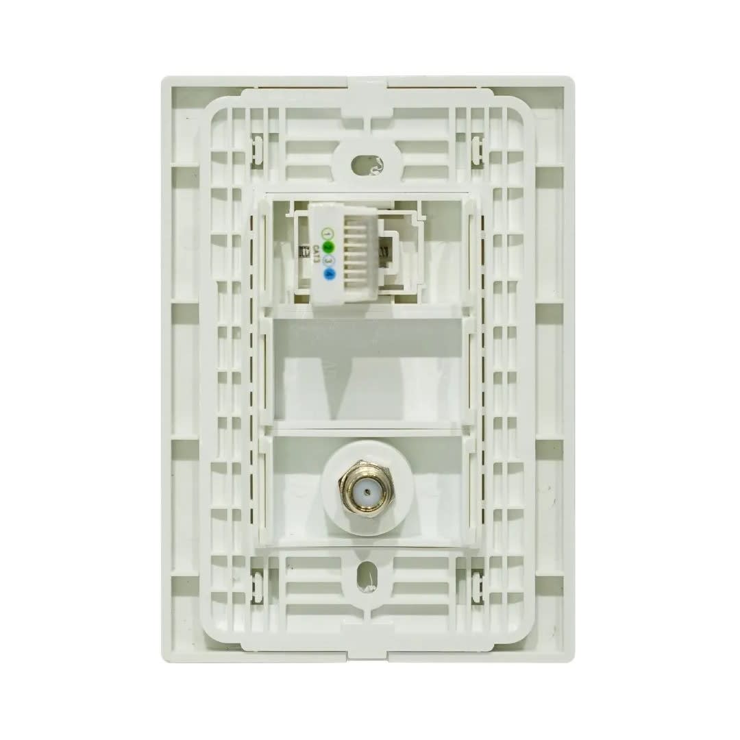 PLACA ARMADA TOMA TV TIPO F + TOMA RJ-11 TELEFONO VITRO BLANCO ORANGE4