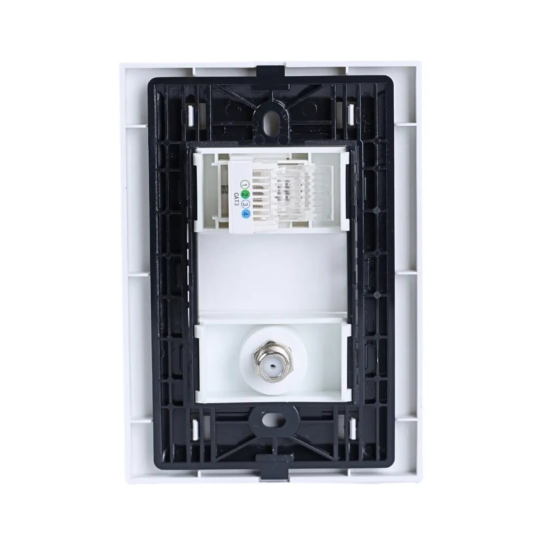 PLACA ARMADA TOMA TV TIPO F + TOMA RJ-11 TELEFONO MATTE BLANCO ORANGE1