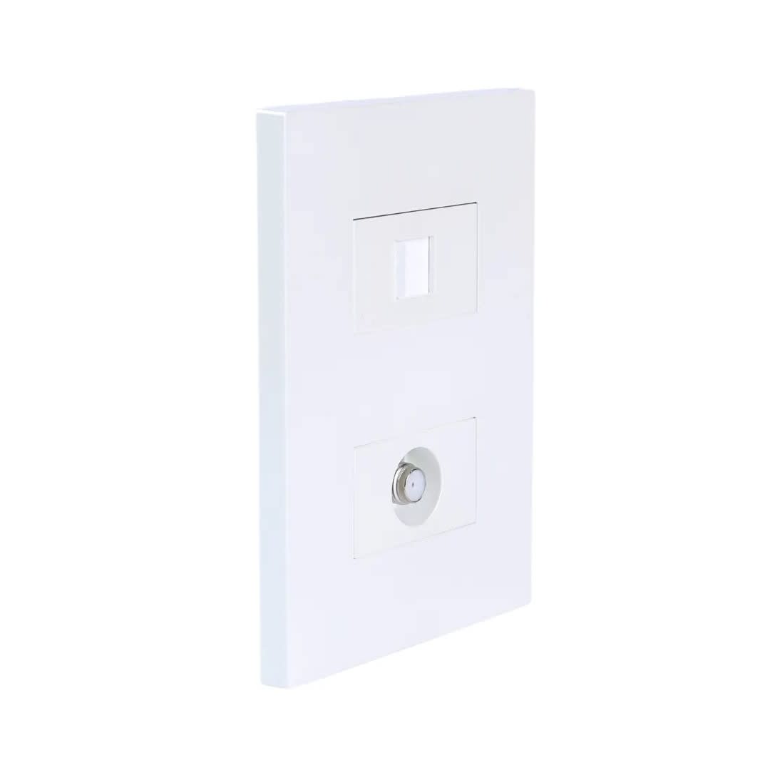 PLACA ARMADA TOMA TV TIPO F + TOMA RJ-11 TELEFONO MATTE BLANCO ORANGE5