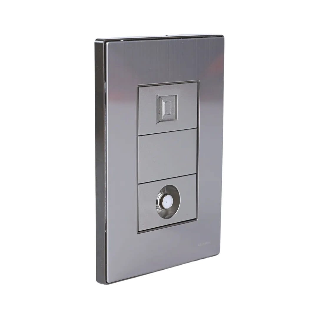 PLACA ARMADA TOMA TV TIPO F + TOMA RJ-45 CAT6 ACERO INOXIDABLE ORANGE1