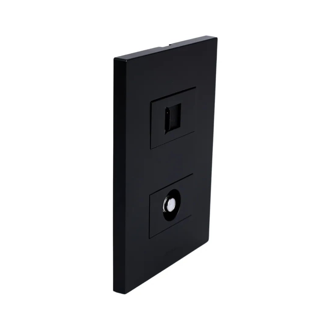 PLACA ARMADA TOMA TV TIPO F + TOMA RJ-11 TELEFONO MATTE NEGRO ORANGE1